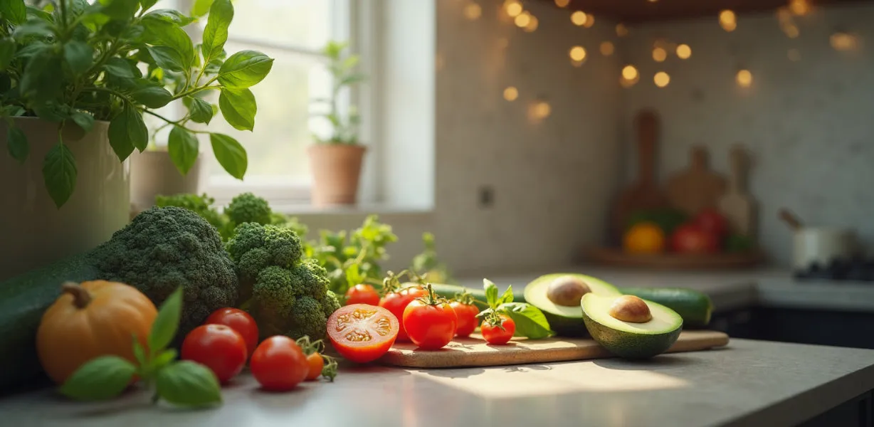 Relaxed home cooking scene with fresh vegetables and natural light, setting the atmosphere for a Thermomix® TM7 home demo